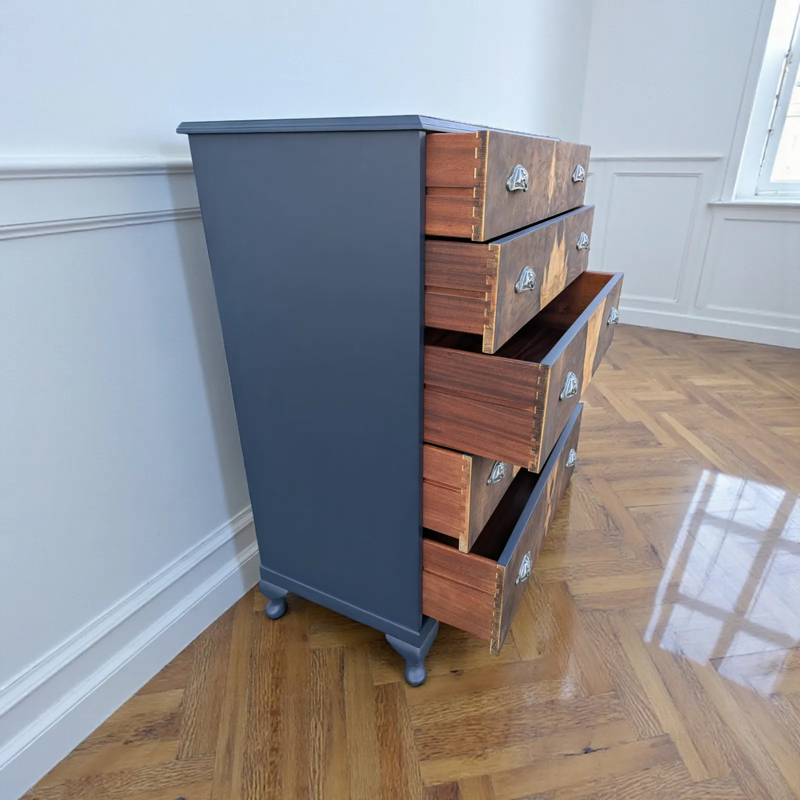 Art Deco Navy Blue Walnut Burr Wood Chest Of Drawers photo vinterior
