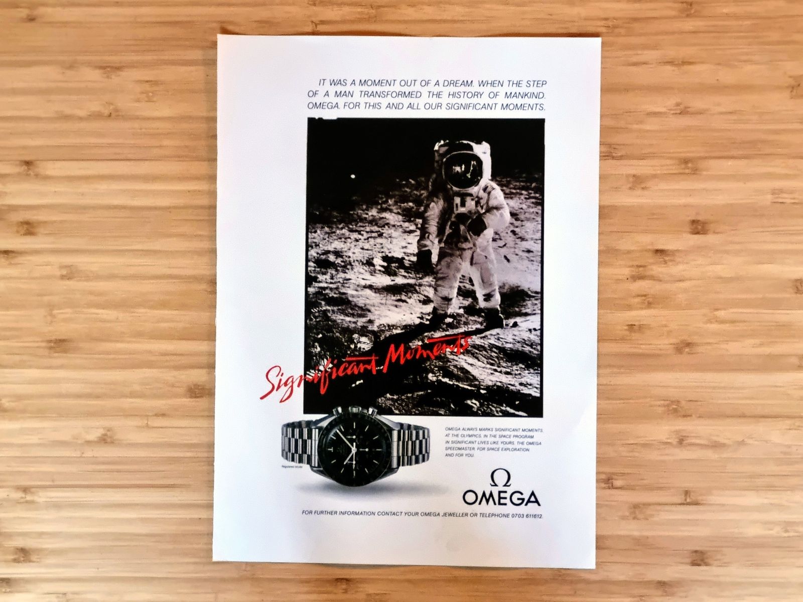 Vintage Watch Ad Print, Omega Speedmaster Moonwatch, Astronaut On Moon, 1980s Space Theme