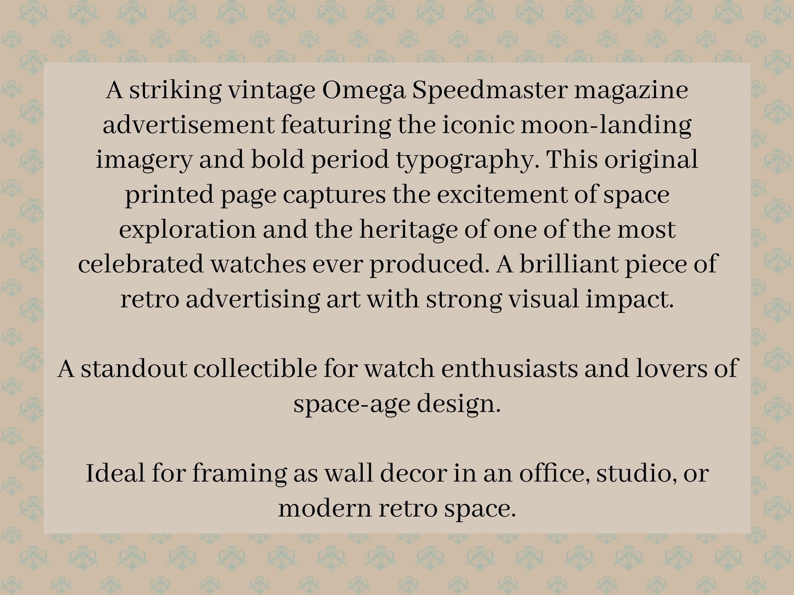 Vintage Watch Ad Print, Omega Speedmaster Moonwatch, Astronaut On Moon, 1980s Space Theme photo furniture