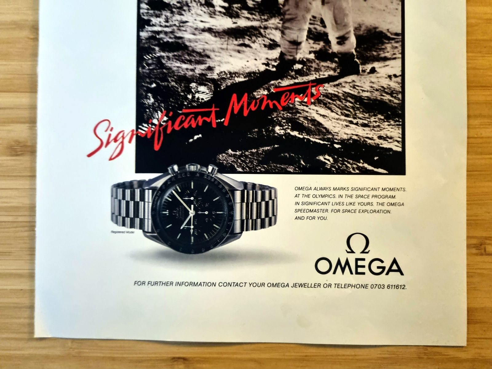 Vintage Watch Ad Print, Omega Speedmaster Moonwatch, Astronaut On Moon, 1980s Space Theme photo Art