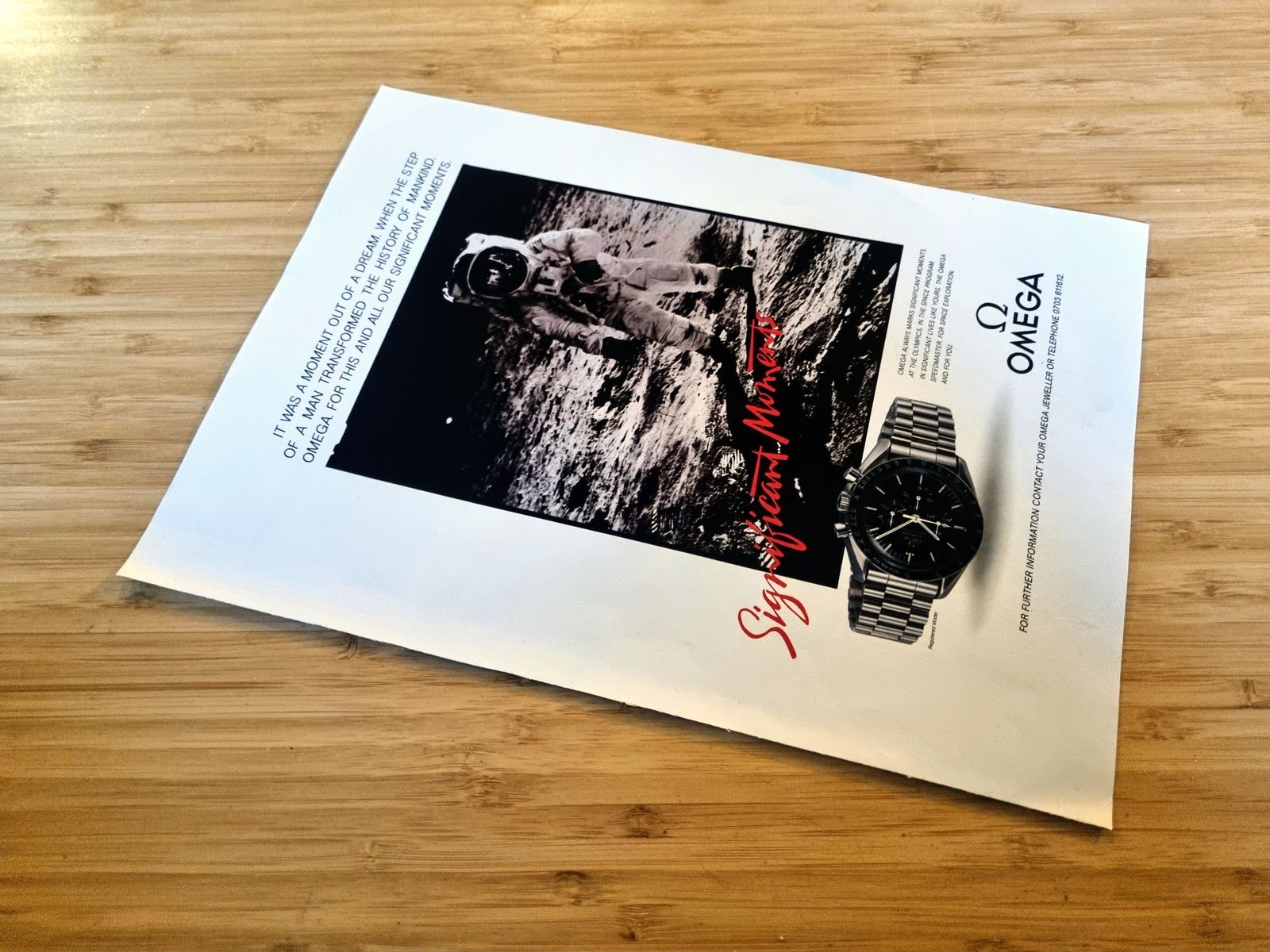 Vintage Watch Ad Print, Omega Speedmaster Moonwatch, Astronaut On Moon, 1980s Space Theme photo vintage