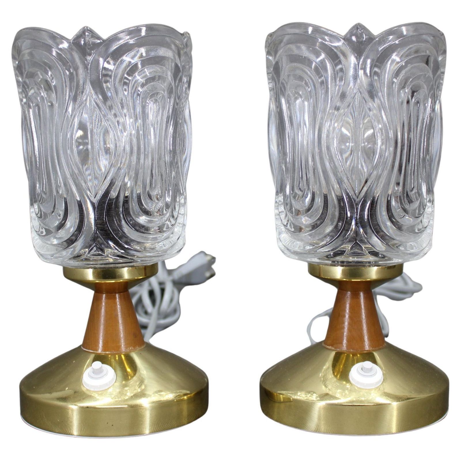 Pair Of 1970s Lidokov Mid Century Table Lamps With Sculpted Pressed Glass Shades