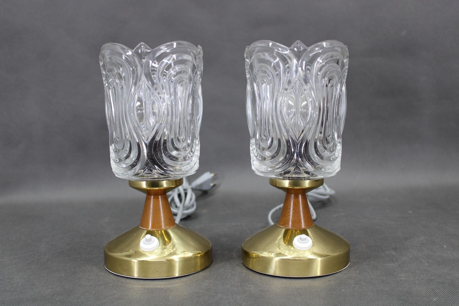 Pair Of 1970s Lidokov Mid Century Table Lamps With Sculpted Pressed Glass Shades photo furniture