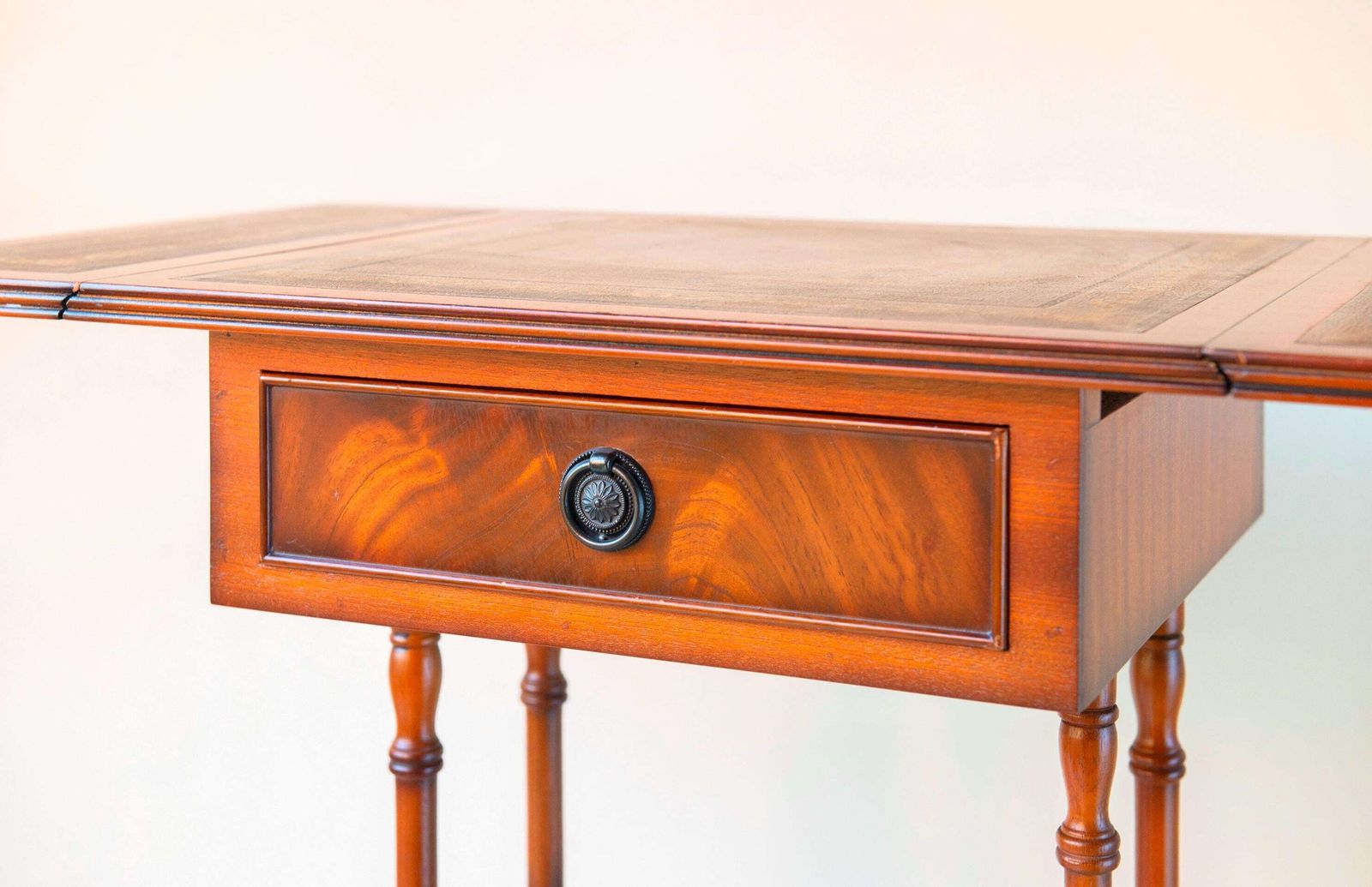 English Mahogany Pembroke Table – Victorian Style Drop Leaf Side Table   Leather Inlay, Turned Legs, Drawer, And Claw Casters photo buy