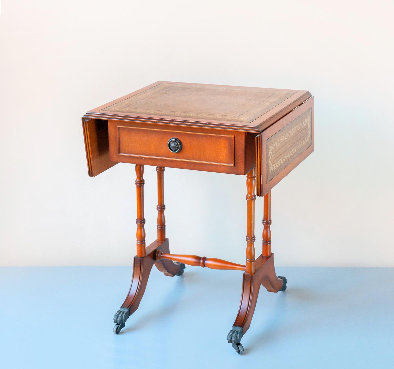 photo furniture English Mahogany Pembroke Table – Victorian Style Drop Leaf Side Table   Leather Inlay, Turned Legs, Drawer, And Claw Casters