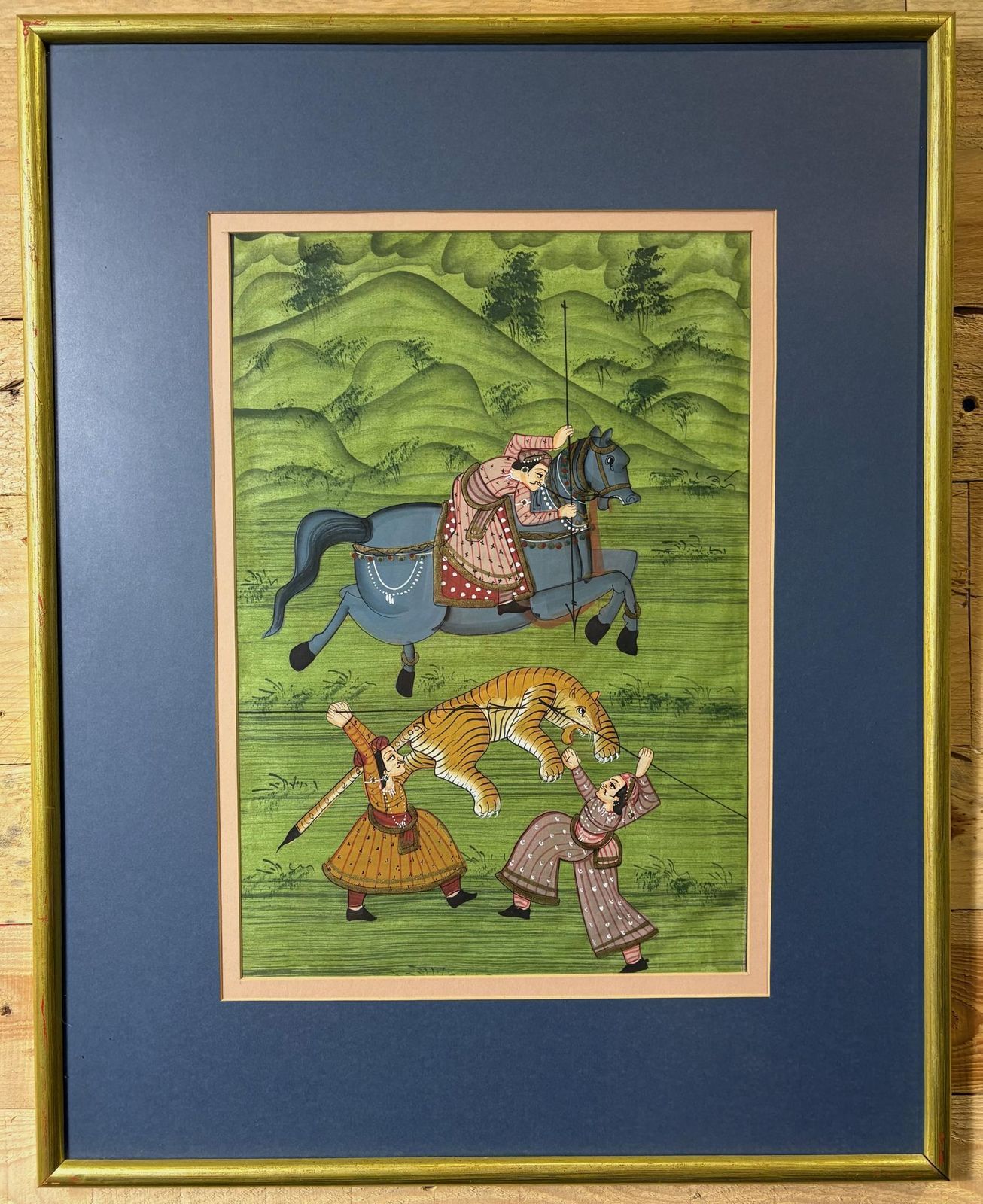 Pair Of Mughal‑Style Silk Paintings, “Tiger Hunt”, India, C. 1985–1990 photo 275.0