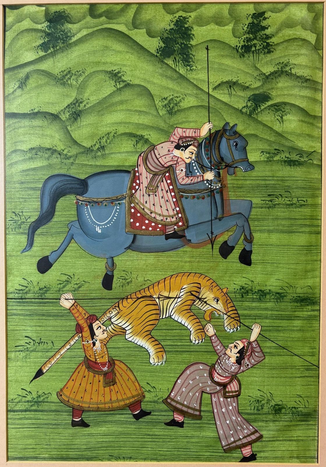 Pair Of Mughal‑Style Silk Paintings, “Tiger Hunt”, India, C. 1985–1990 photo vinterior