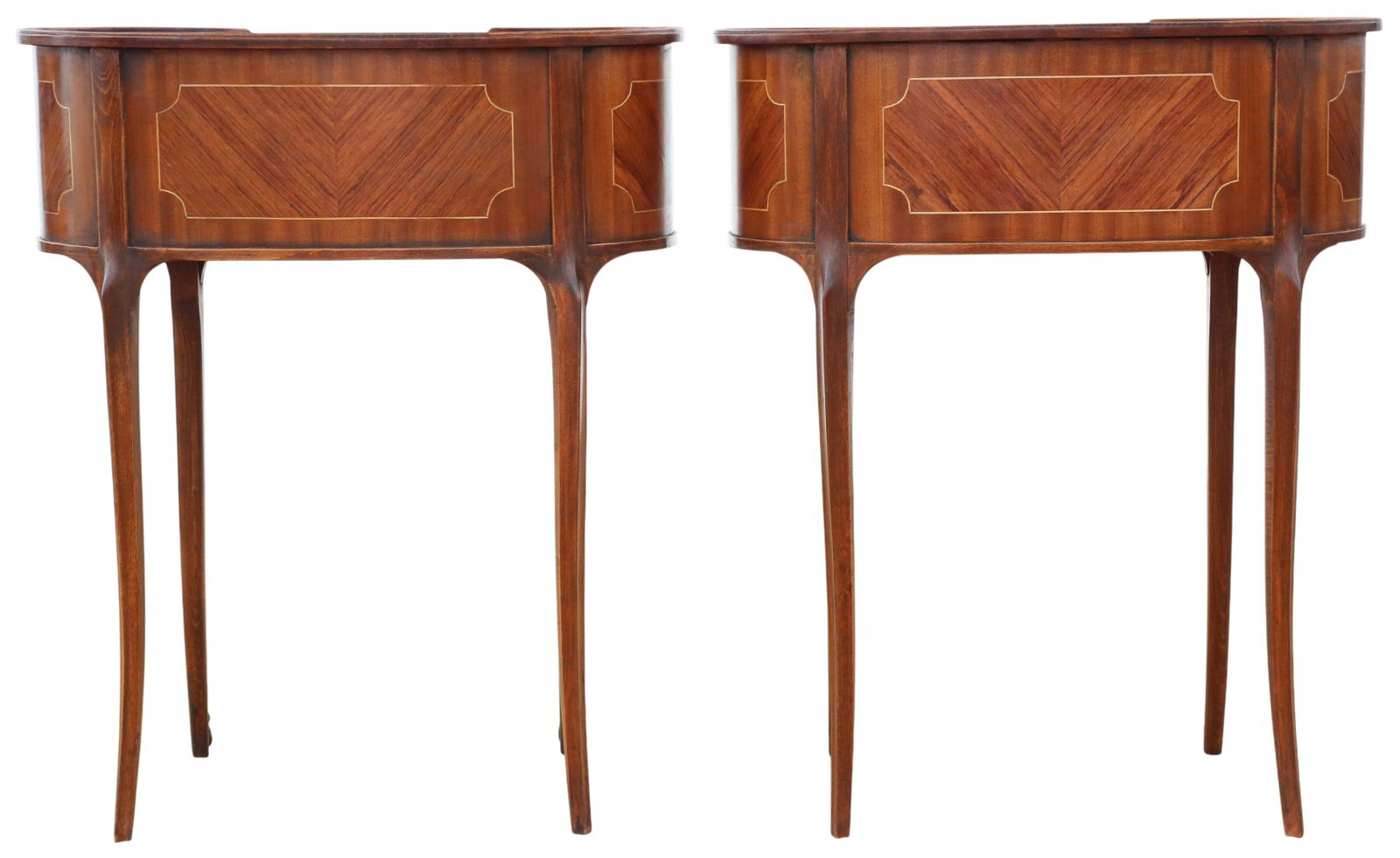 photo furniture Antique C.1925 Pair Of Kidney Shaped Inlaid Veneer Bedside Tables / Cupboards – Fine Quality Nightstands