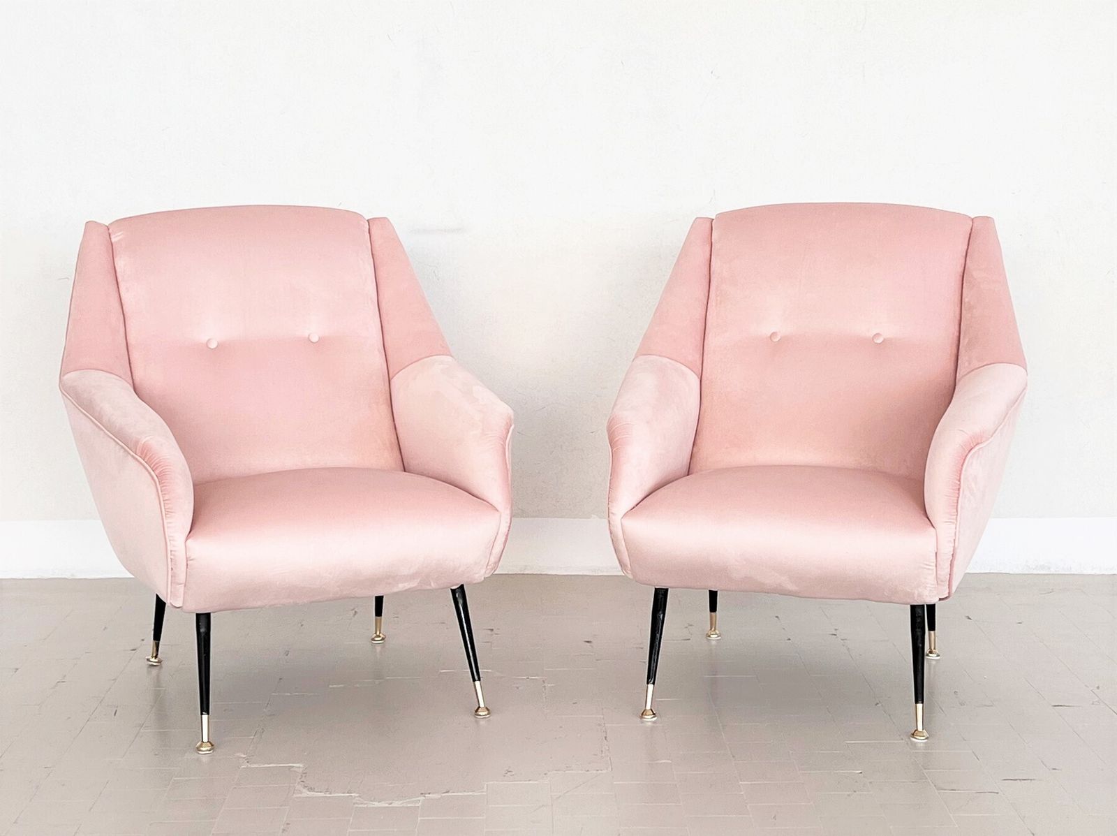 Italian Midcentury Armchairs In Soft Pink Velvet And Brass Tips, 1950s photo buy