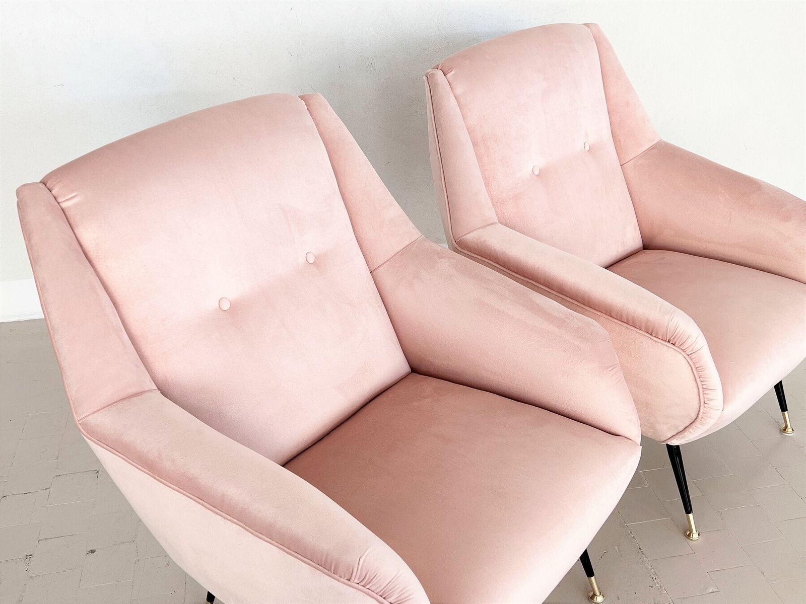 Furniture Italian Midcentury Armchairs In Soft Pink Velvet And Brass Tips, 1950s photo