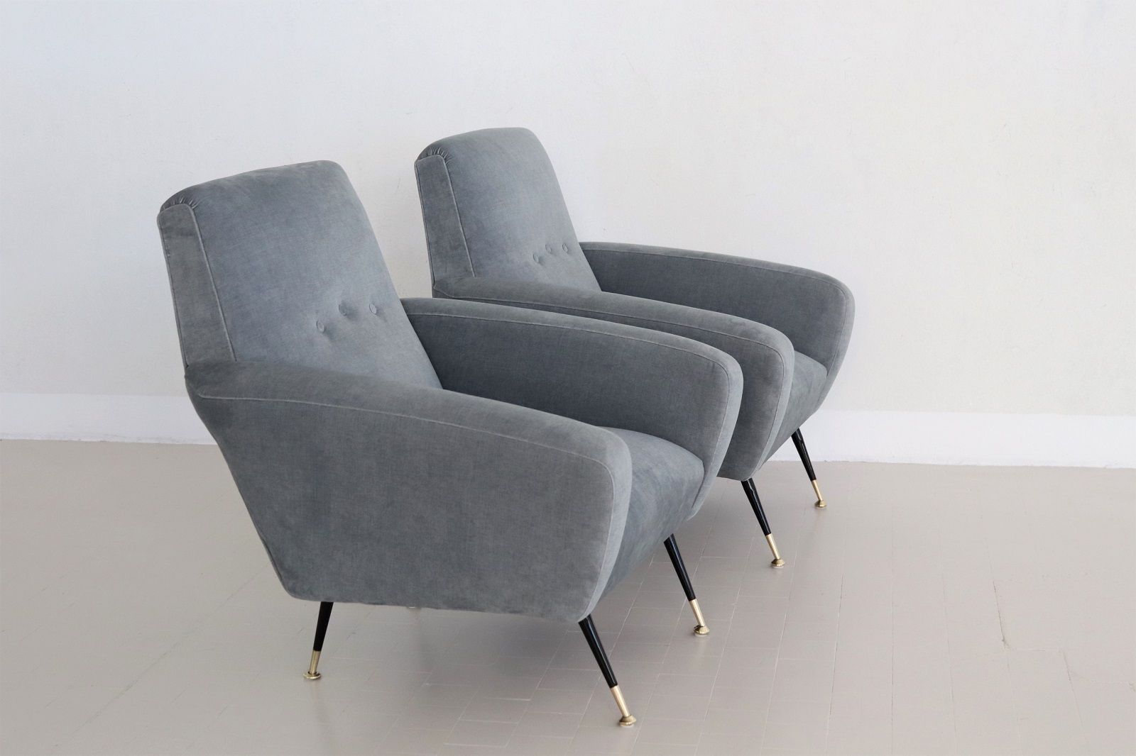 Italian Midcentury Armchairs With Springs In Blue Grey New Velvet