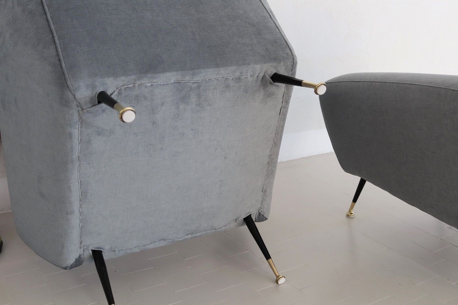 2900.0 Italian Midcentury Armchairs With Springs In Blue Grey New Velvet photo