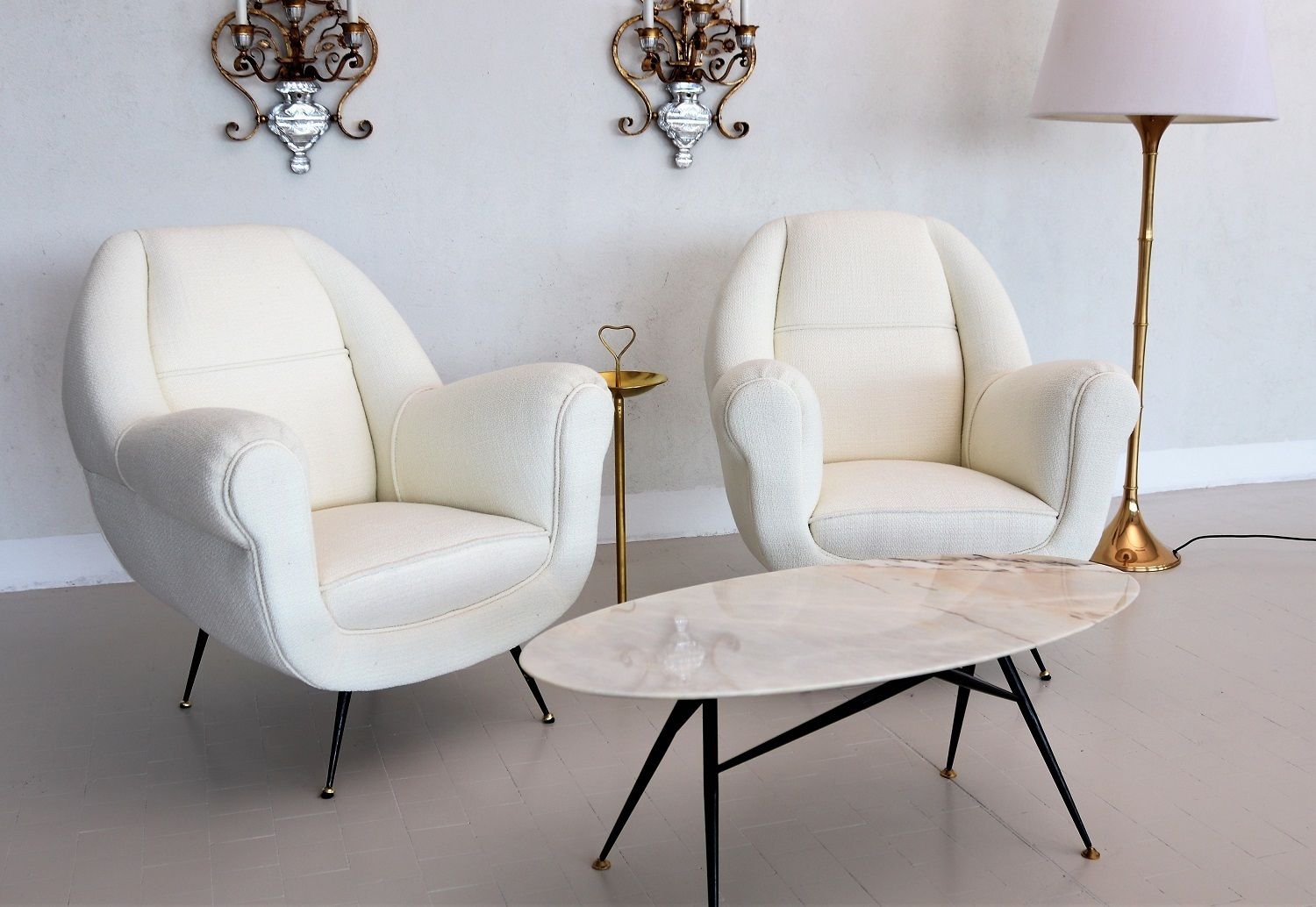 Italian Midcentury Armchairs In Off White Upholstery And Brass Stiletto Feet, 1950s