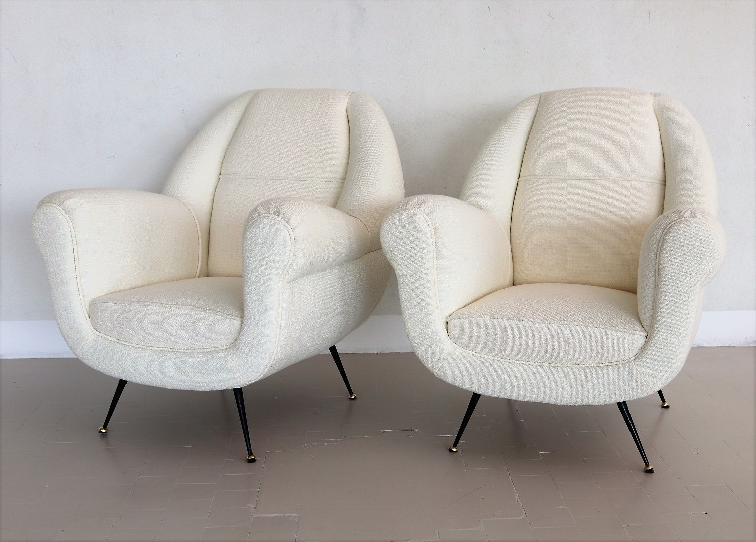 Italian Midcentury Armchairs In Off White Upholstery And Brass Stiletto Feet, 1950s photo furniture