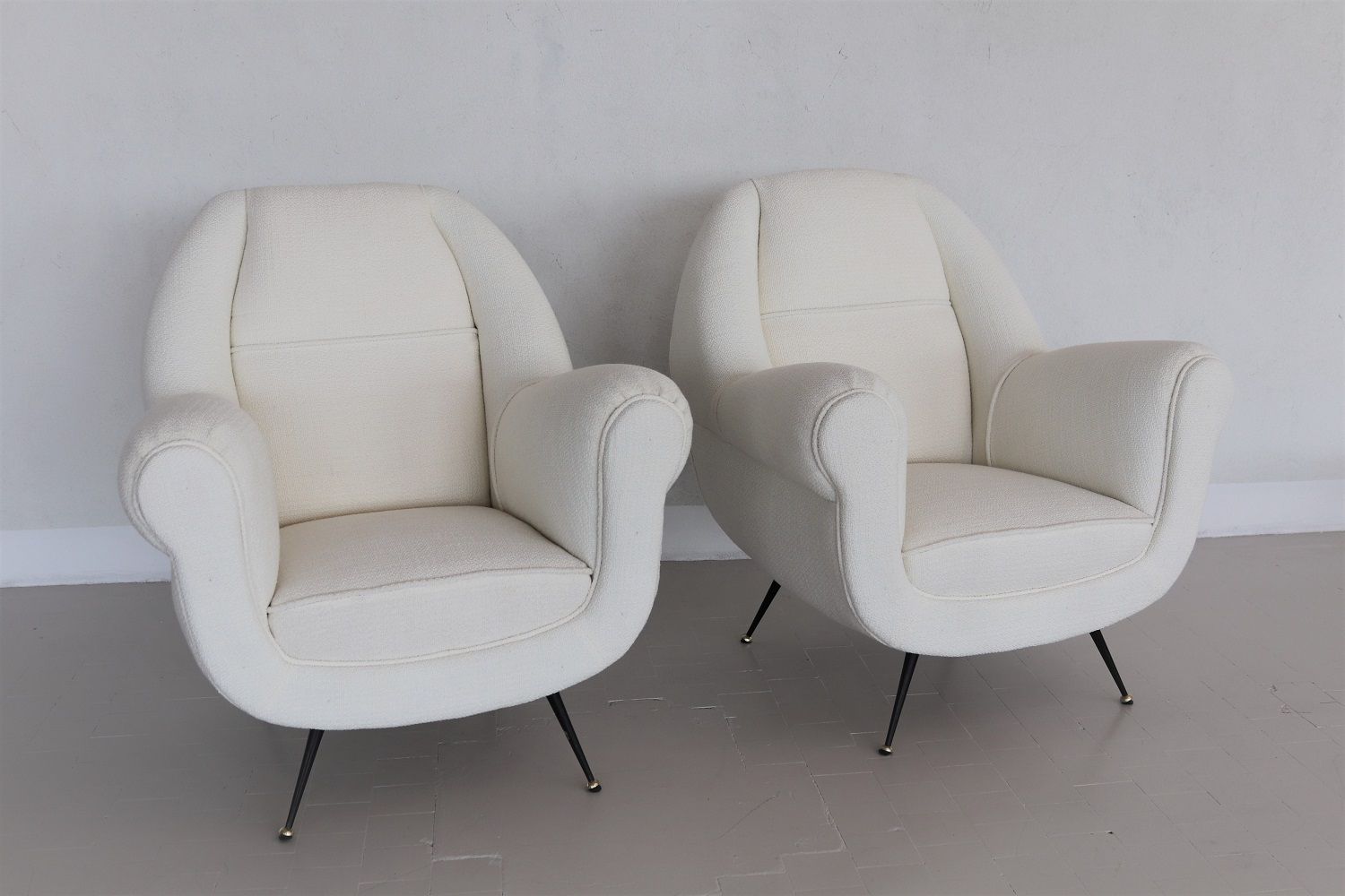 Italian Midcentury Armchairs In Off White Upholstery And Brass Stiletto Feet, 1950s photo for sale