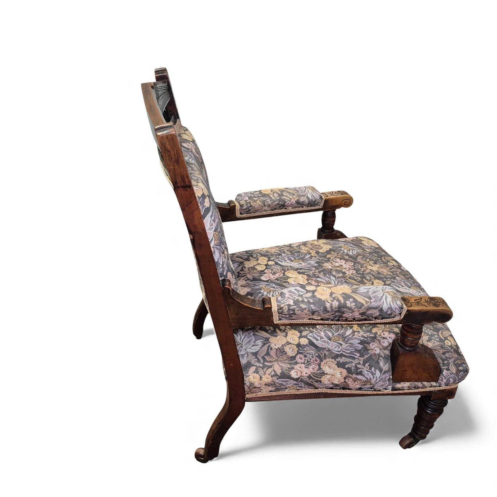 Victorian Oak Nursing Chair – Carved Armchair With Floral Upholstery & Castors photo buy