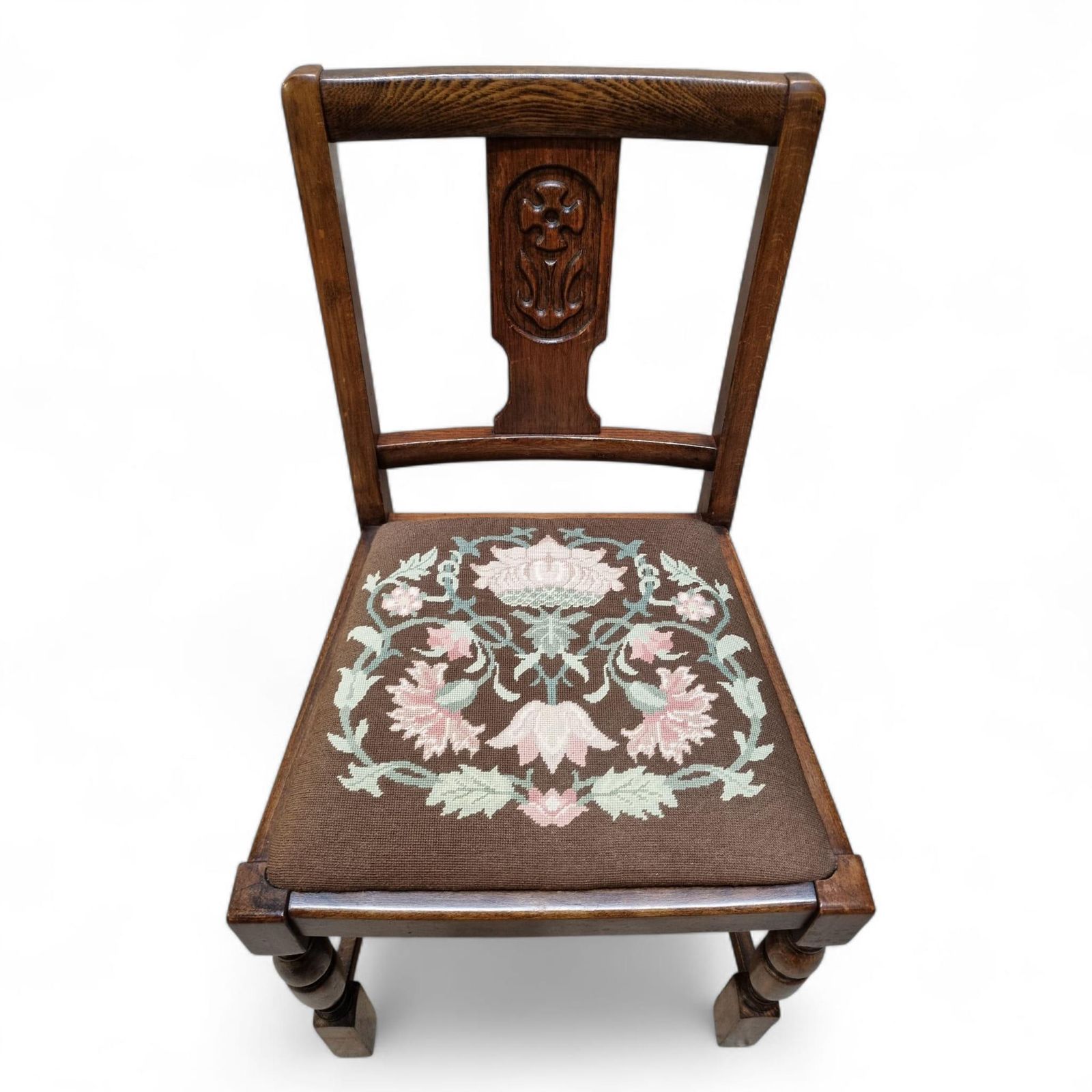 Vintage Art Deco Oak Dining Chairs / Tapestry Seats / Set Of Four / C. 1930–1940 photo vinterior
