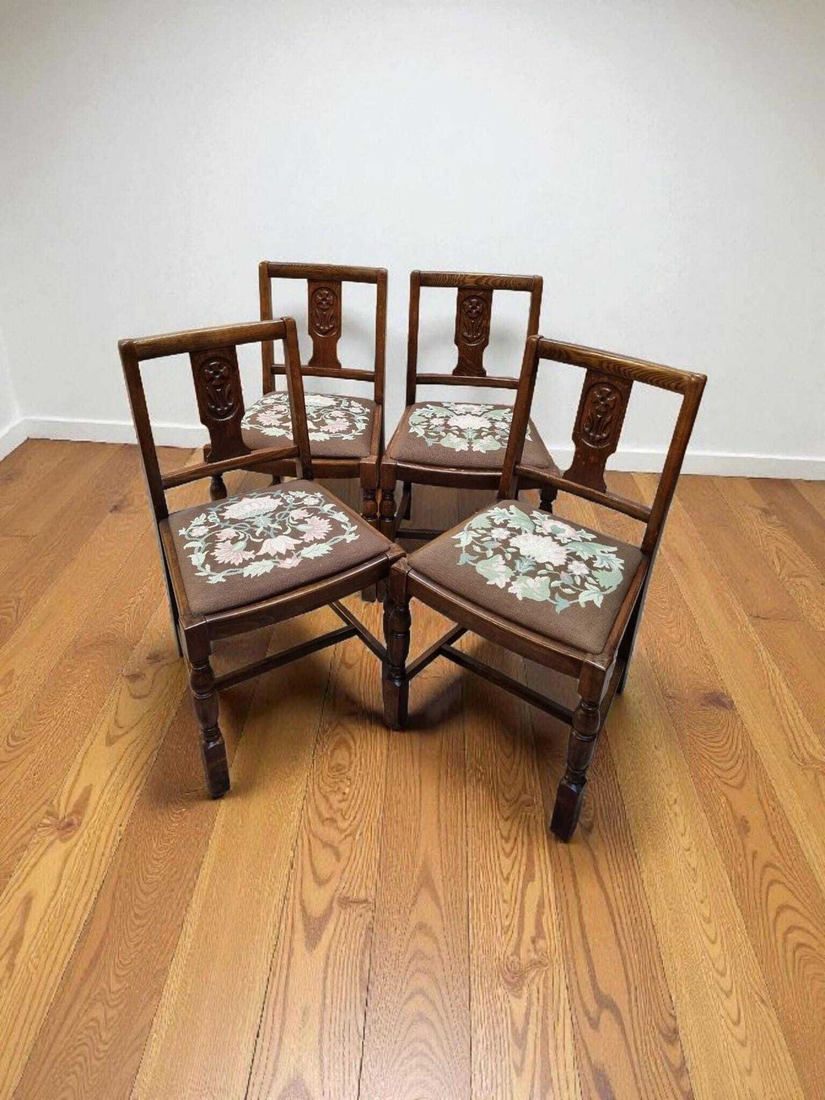Vintage Art Deco Oak Dining Chairs / Tapestry Seats / Set Of Four / C. 1930–1940 photo buy