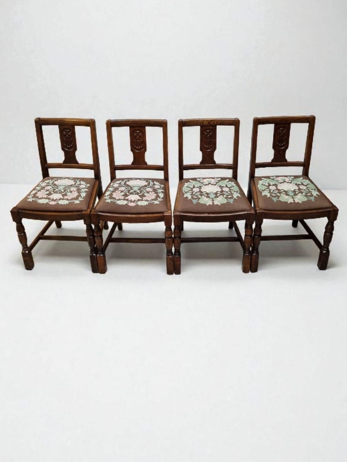 photo furniture Vintage Art Deco Oak Dining Chairs / Tapestry Seats / Set Of Four / C. 1930–1940