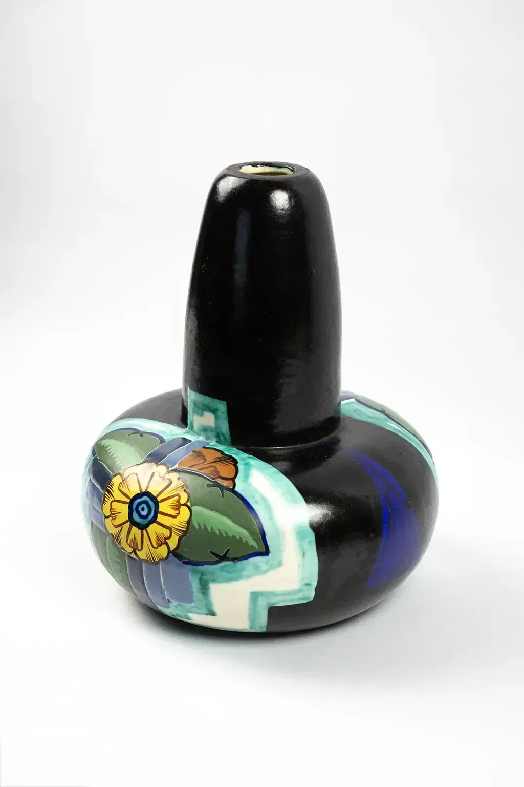 Vase Art déco signé Louis Dage - céramique à décor floral polychrome sur fond noir, vers 1930 photo vinterior