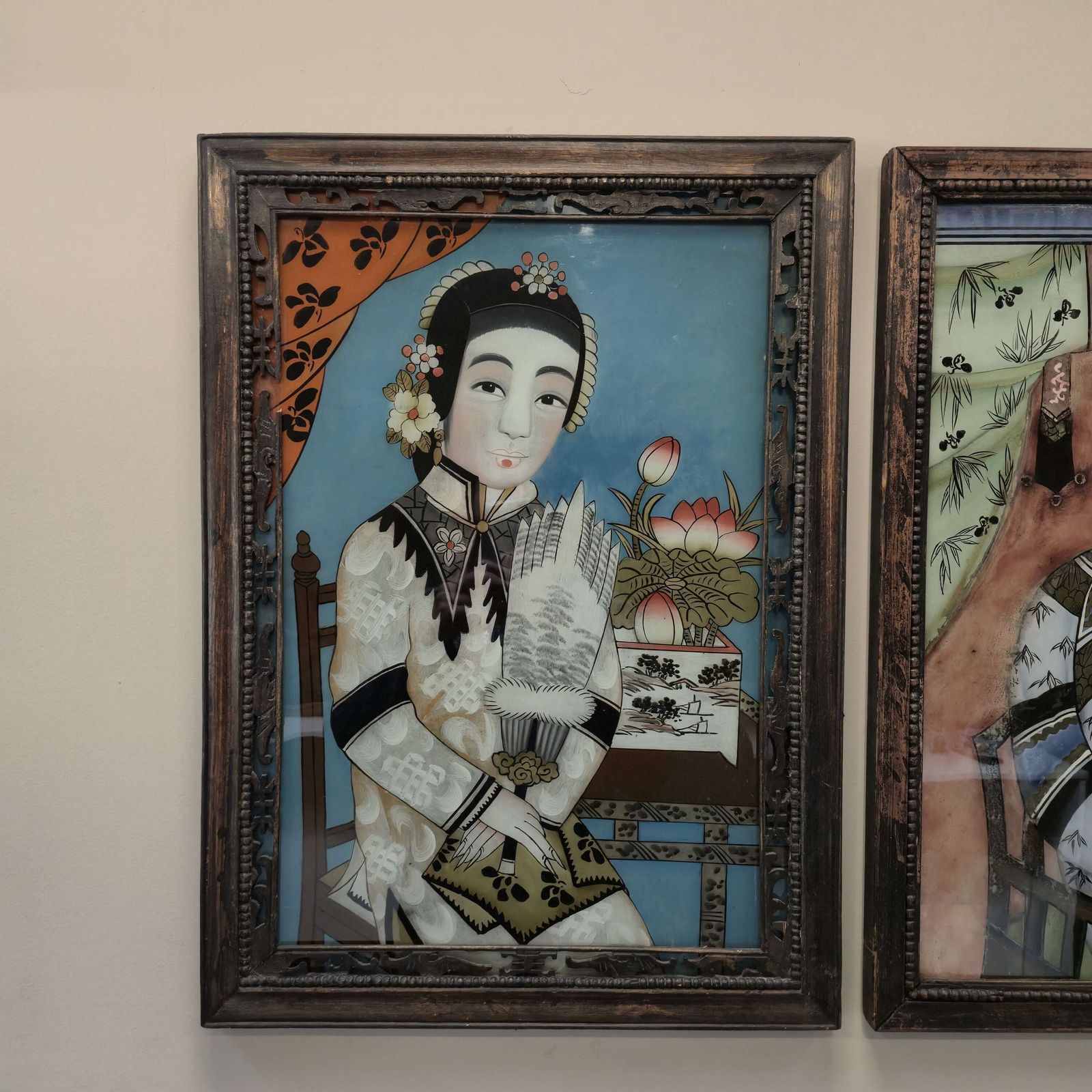 Antique Chinese Reverse Glass Paintings – Pair Of Qing Era Ladies photo for sale