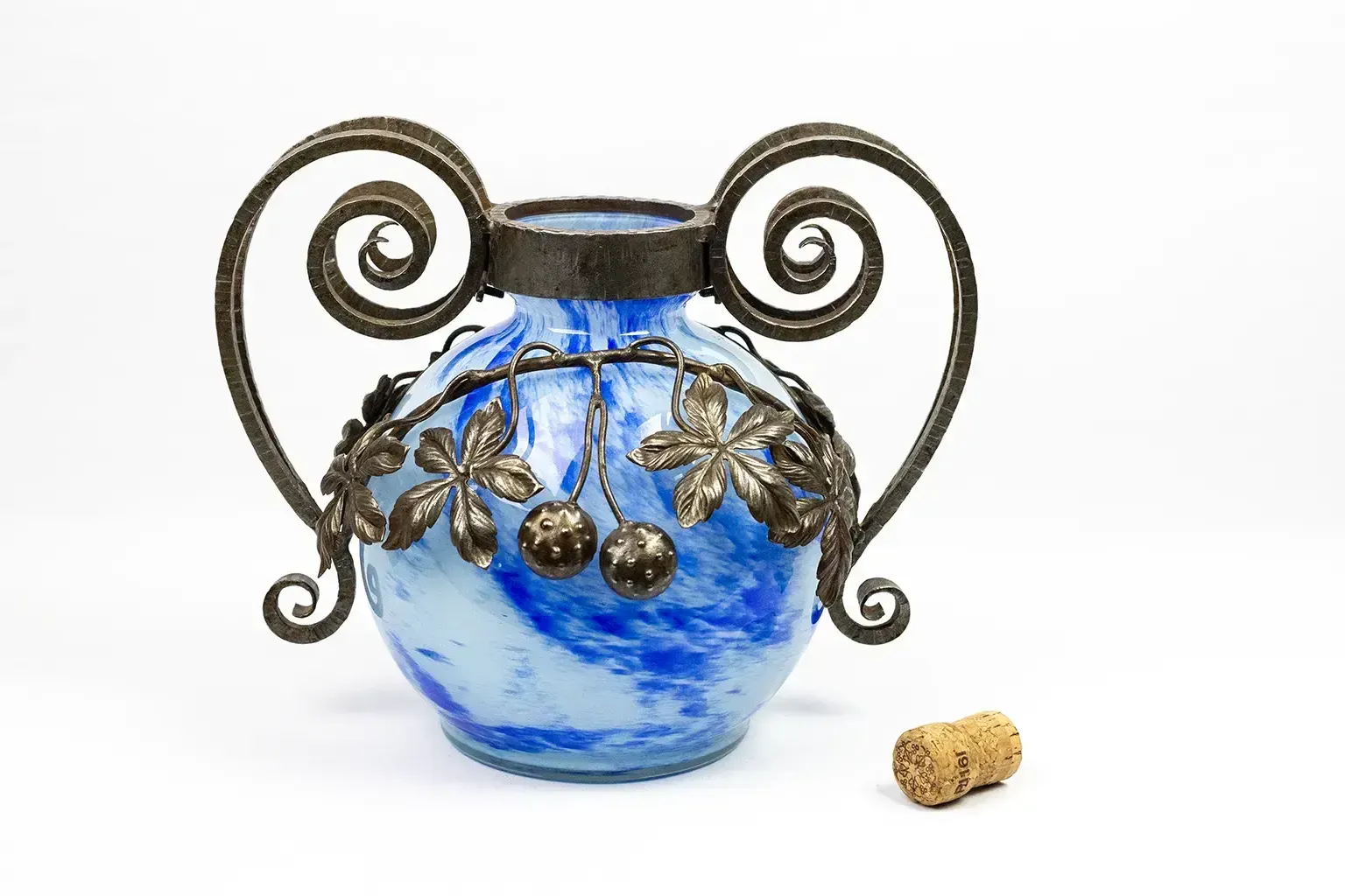 Vase Art Nouveau en verre marbré et monture en fer forgé, André Delatte Nancy, vers 1925 photo 550.0