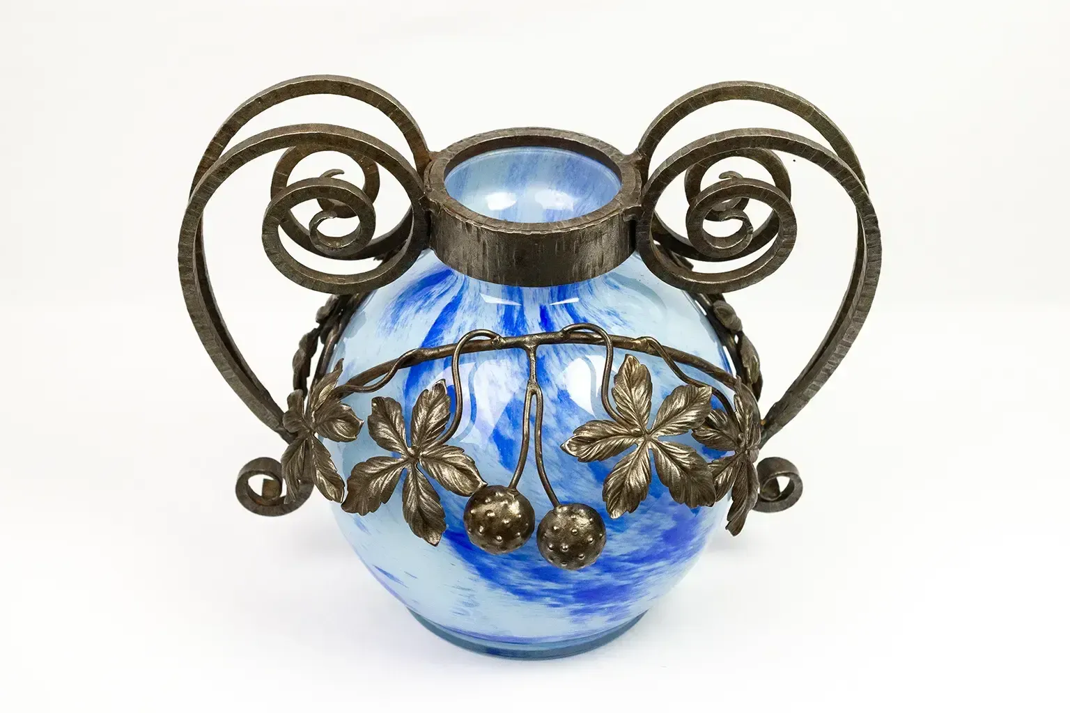Art Nouveau Vase In Marbled Glass & Wrought Iron Mount, André Delatte Nancy, Circa 1925 photo vinterior