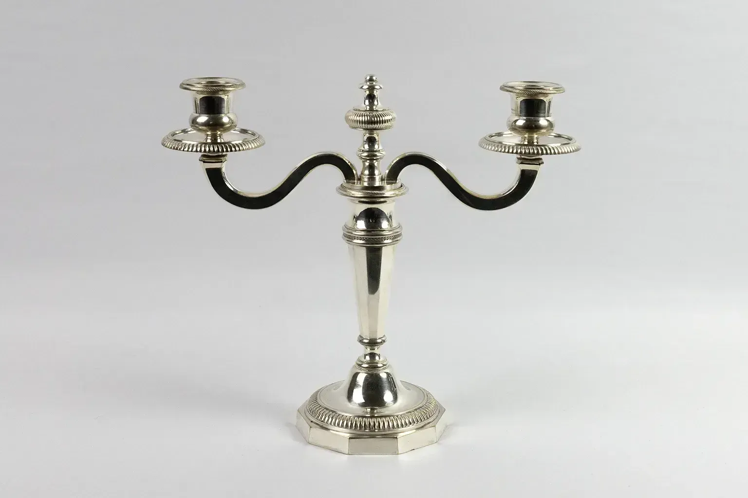 photo furniture Pair Of Two Light Silver Plated Metal Candelabra – Double Moon Hallmarks