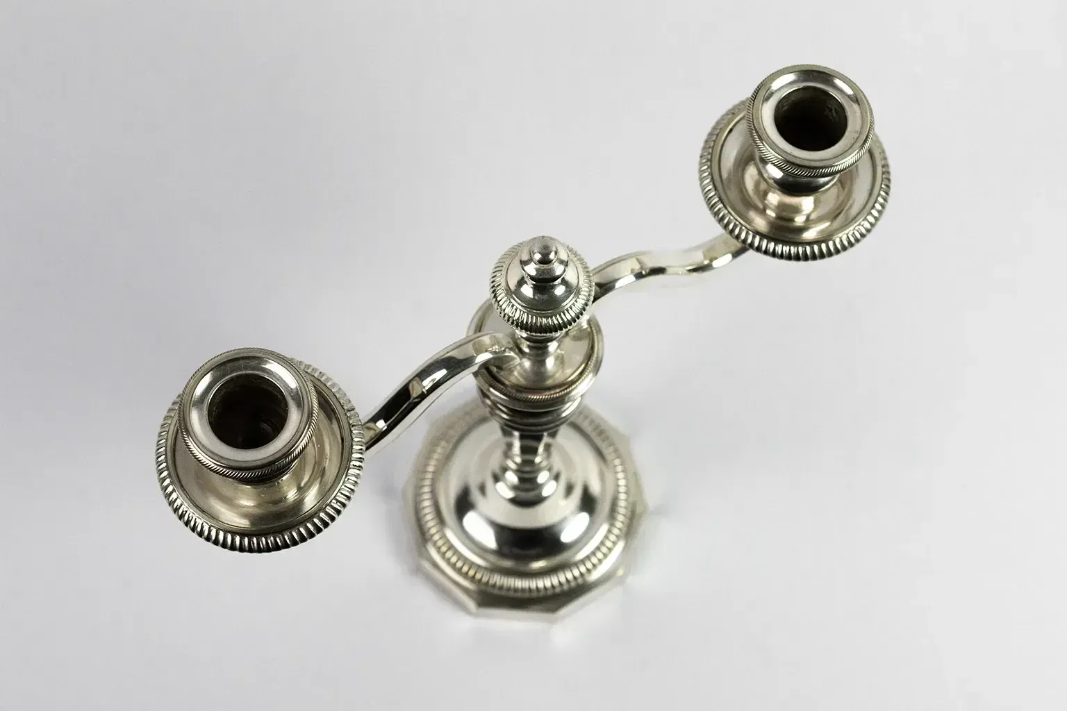 photo for sale Pair Of Two Light Silver Plated Metal Candelabra – Double Moon Hallmarks
