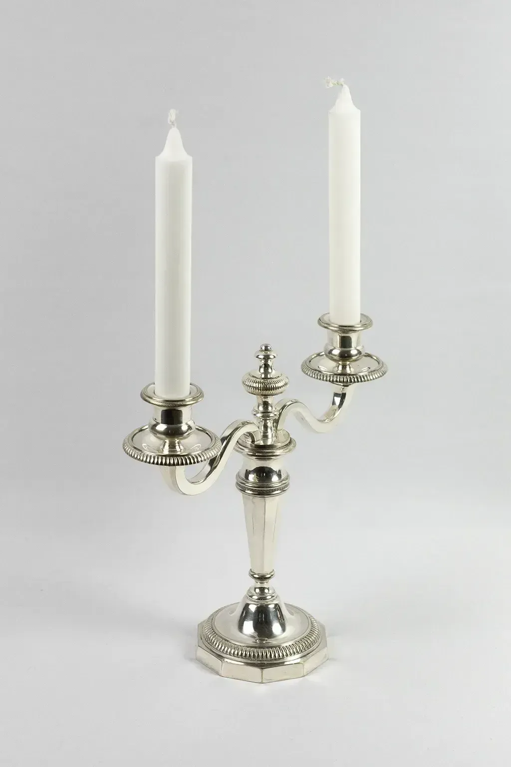 Home Decor Pair Of Two Light Silver Plated Metal Candelabra – Double Moon Hallmarks photo