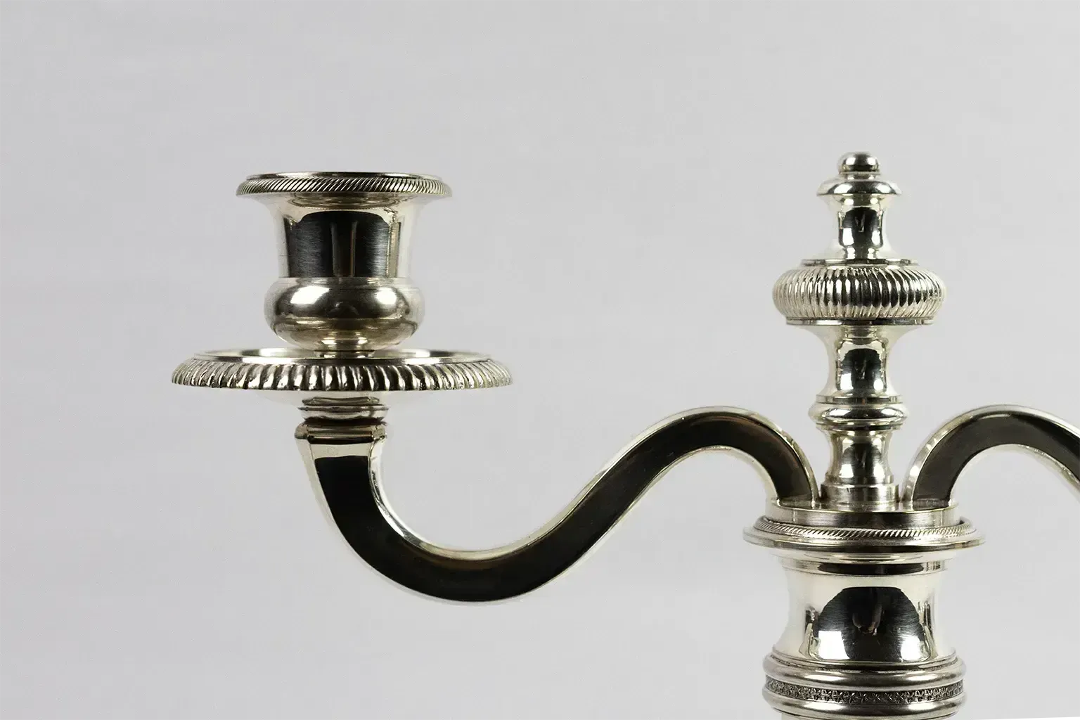 photo vinterior Pair Of Two Light Silver Plated Metal Candelabra – Double Moon Hallmarks