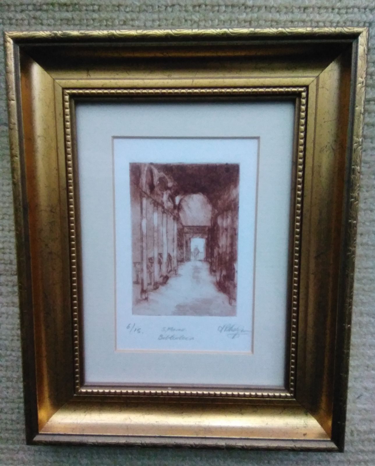 Original Copper Plate Etching 6/15 Of St Marco Biblioteca Italy Gold Frame C Phillipson