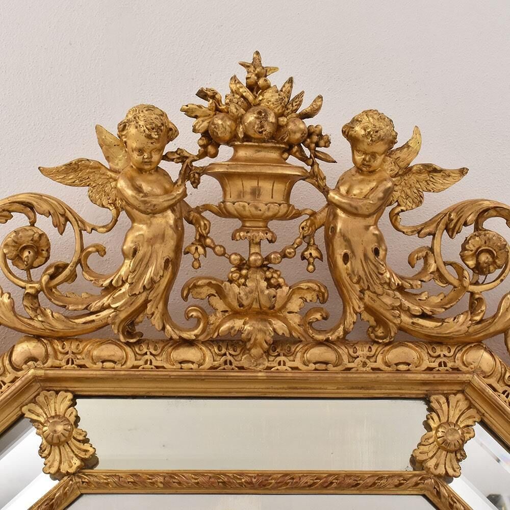 Antique Mirror With Cherubs, Side Mirrors, Antique Luigi Filippo Mirror, Golden Frame, 19th Century. (Spcp197) photo vinterior