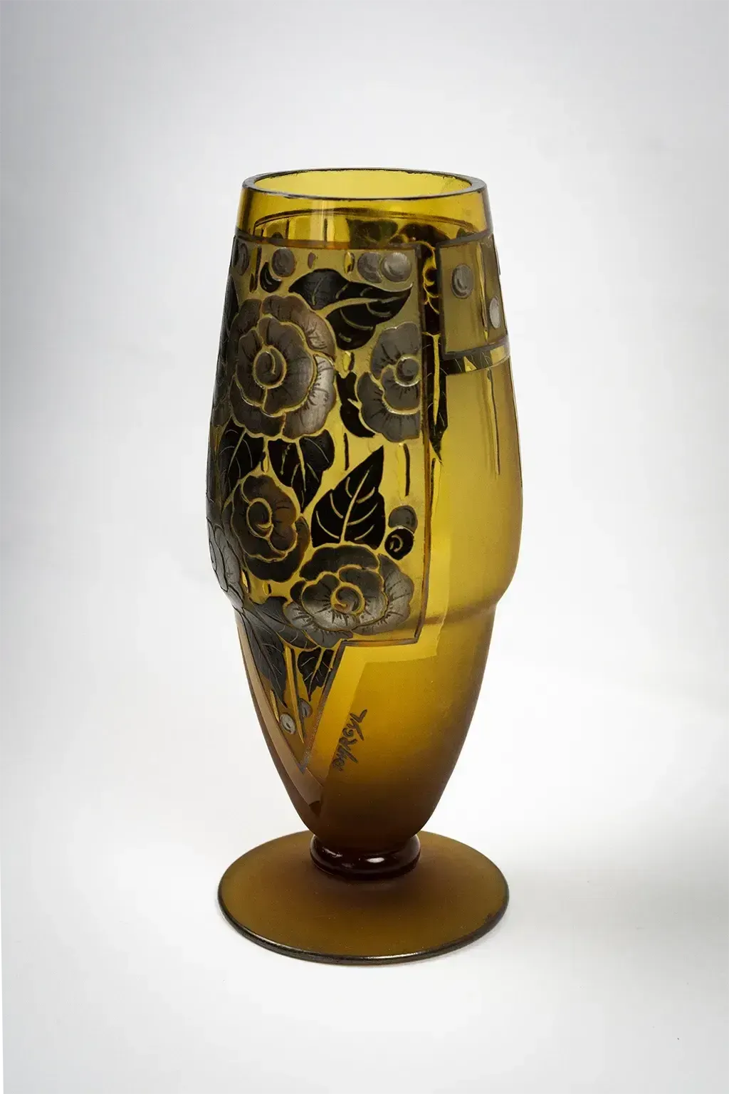 Art Deco Amber Glass Vase With Acid Etched Floral Decoration – Signed D'argyl photo for sale