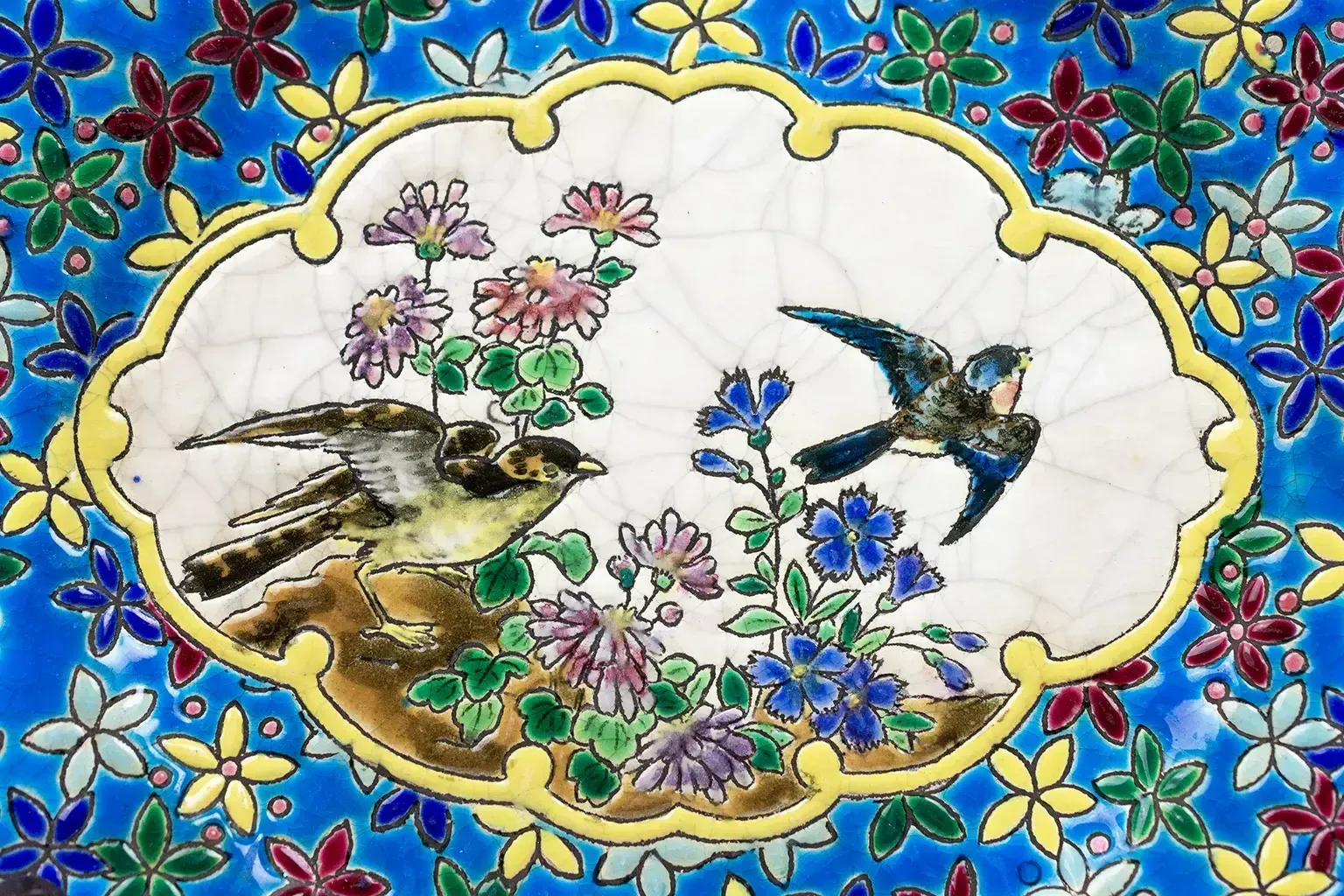 Longwy Plate Circa 1910 – Cloisonné Enamels Decorated With Birds And Flowers On A Blue Background photo furniture