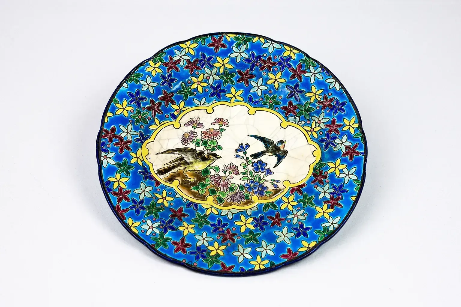 Longwy Plate Circa 1910 – Cloisonné Enamels Decorated With Birds And Flowers On A Blue Background photo buy