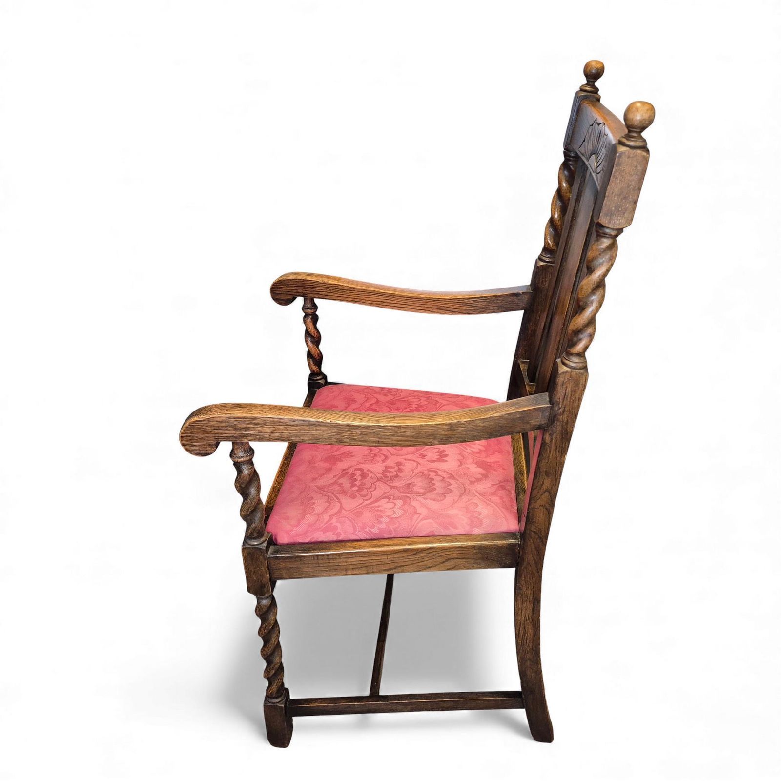 Vintage Oak Hall Chair – Carved Back & Barley Twist Armchair With Upholstered Seat photo buy
