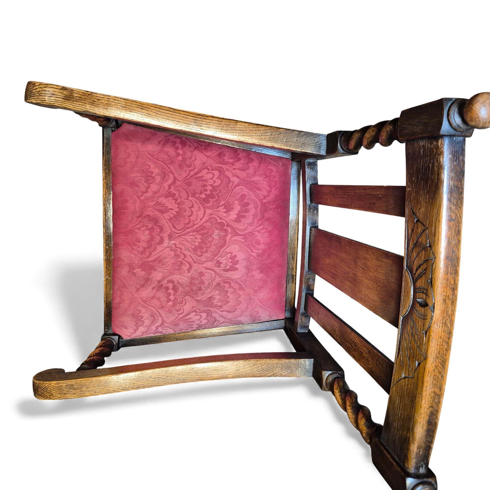 photo furniture Vintage Oak Hall Chair – Carved Back & Barley Twist Armchair With Upholstered Seat