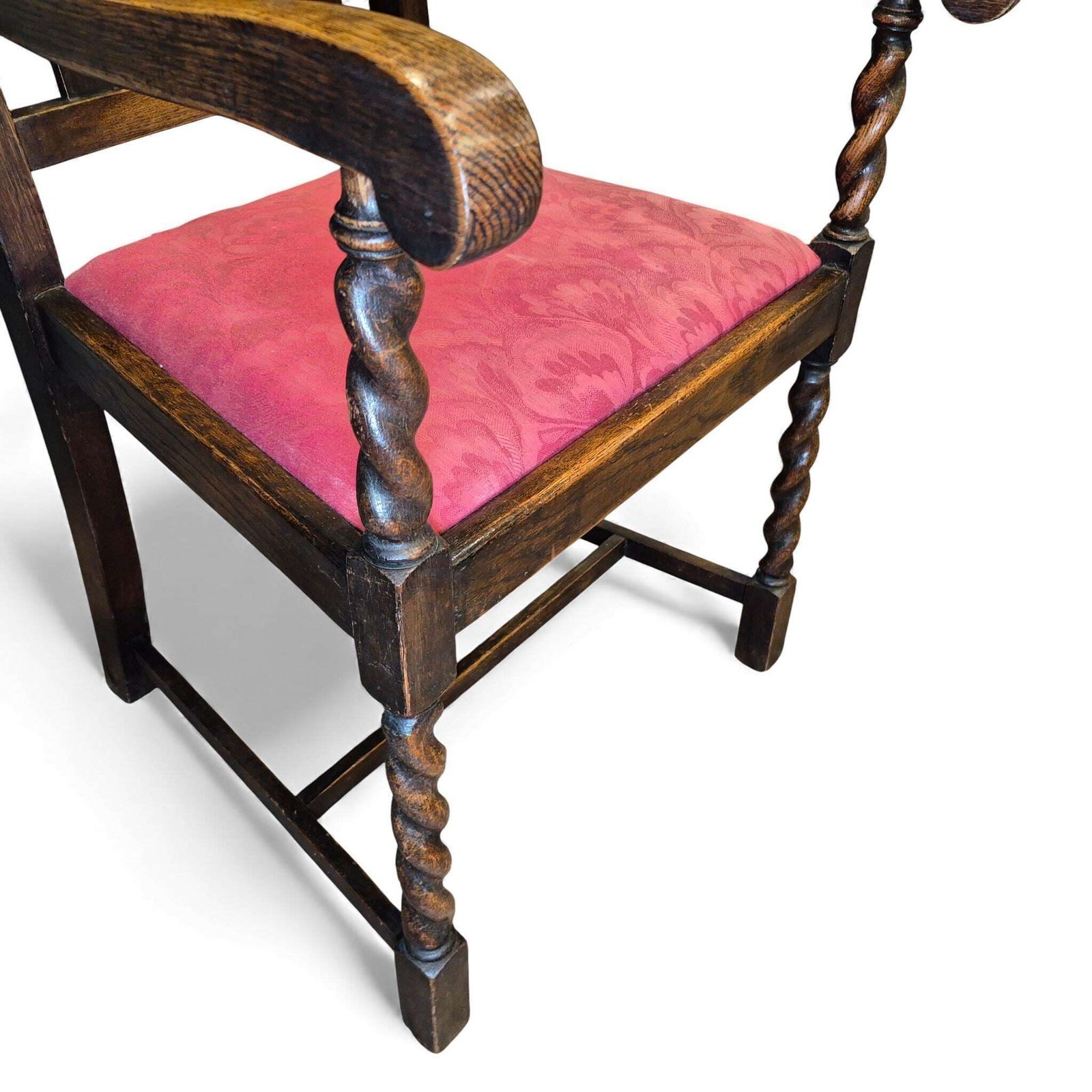photo for sale Vintage Oak Hall Chair – Carved Back & Barley Twist Armchair With Upholstered Seat