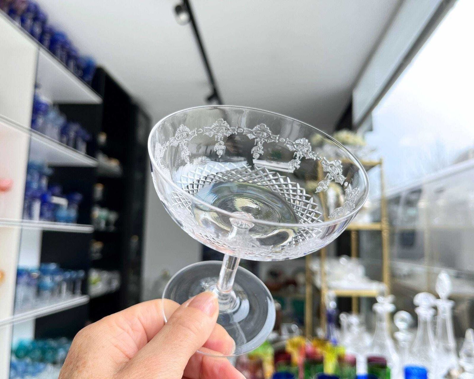 Antique French Coupe | 2pcs | Etched Champagne Glass | Wow Factor! photo for sale