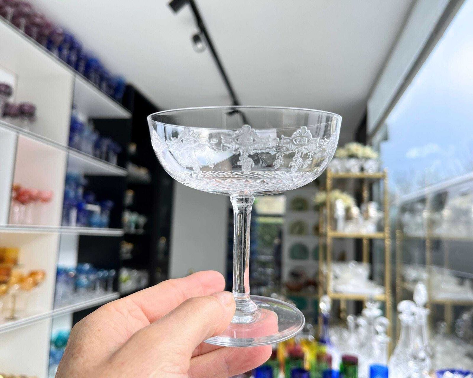 Antique French Coupe | 2pcs | Etched Champagne Glass | Wow Factor! photo Home Decor