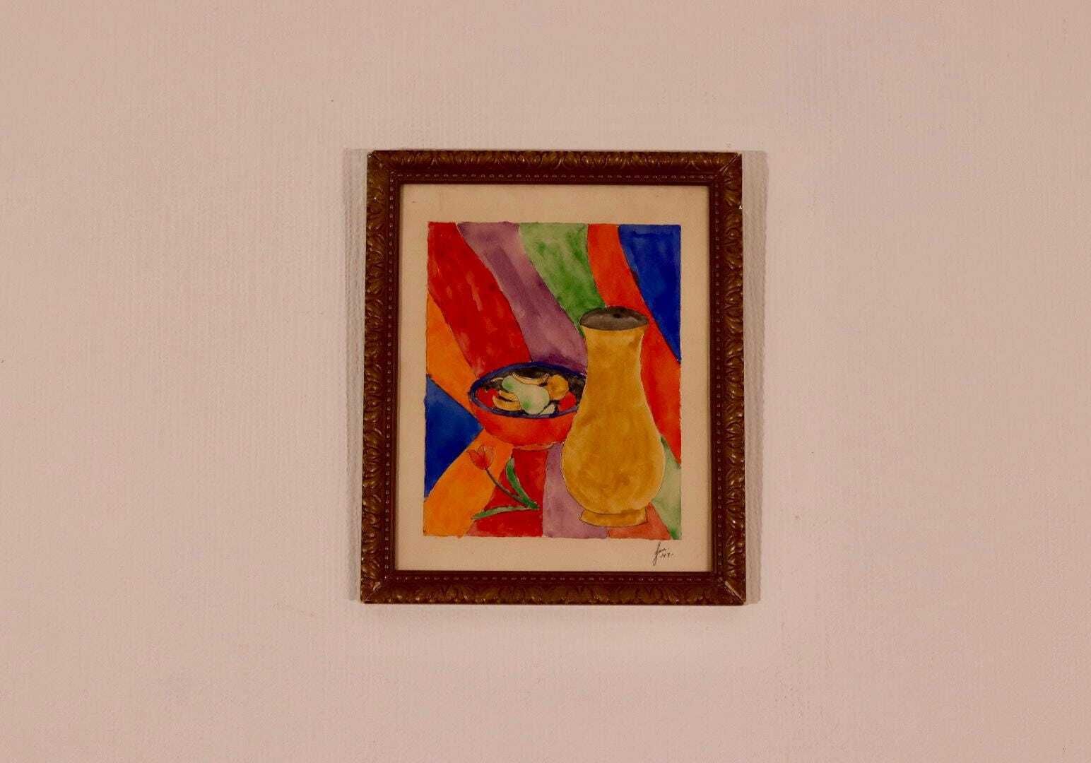 Art Original Swedish Watercolor – “Vase With Fruit” – Vintage & Dated Jan 1947, Framed  36 × 30 Cm (14.2" × 11.8") photo