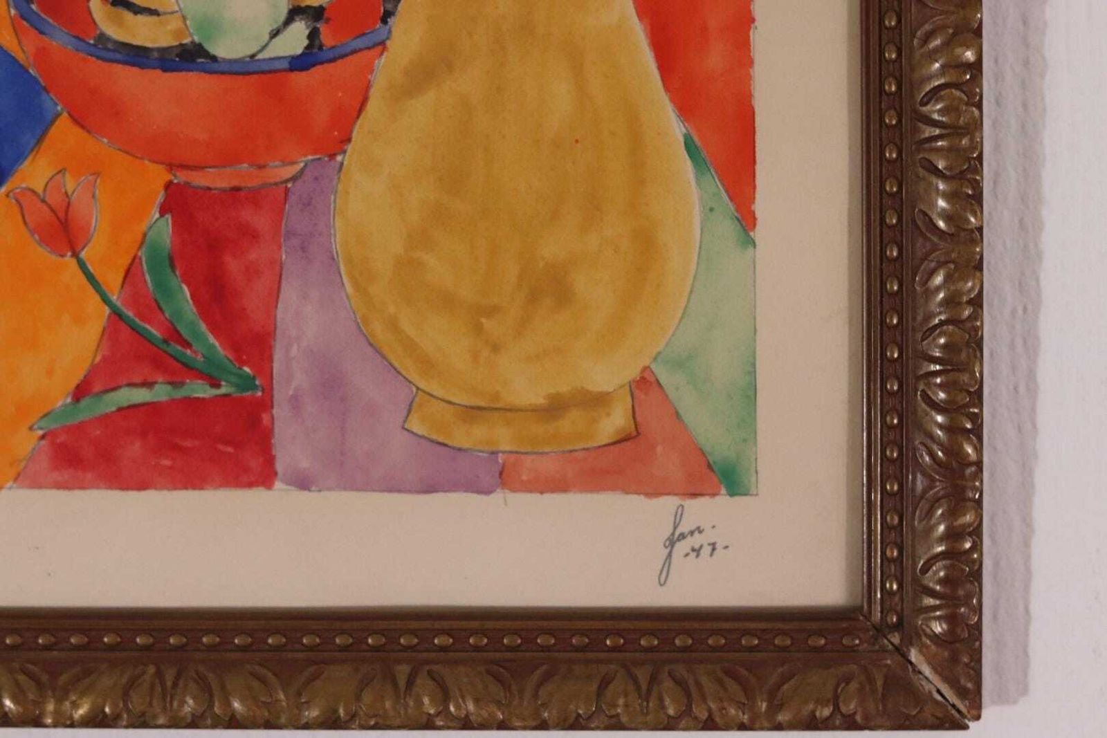 photo vinterior Original Swedish Watercolor – “Vase With Fruit” – Vintage & Dated Jan 1947, Framed  36 × 30 Cm (14.2" × 11.8")