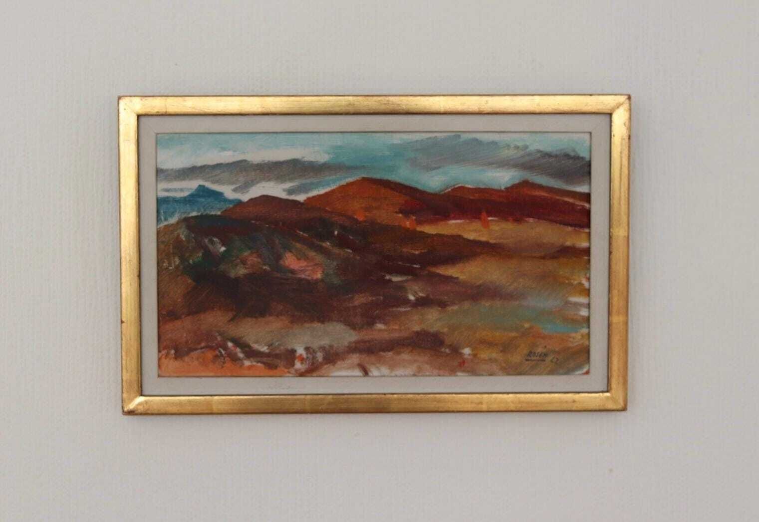 photo furniture Original Mid Century Swedish Oil On Canvas – “Umeå” By Kjell Rosen – Vintage & Dated 1962, Framed  27 × 43 Cm (10.6" × 16.9")