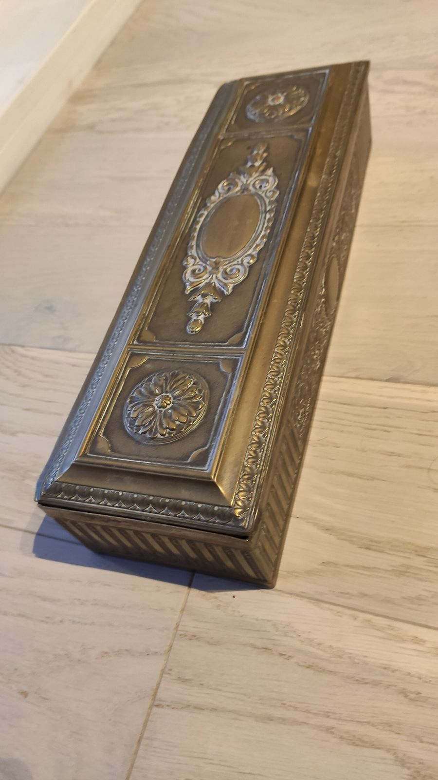 Antique Brass Jewellery / Trinket Box – Ornate Relief Décor – 34cm photo for sale