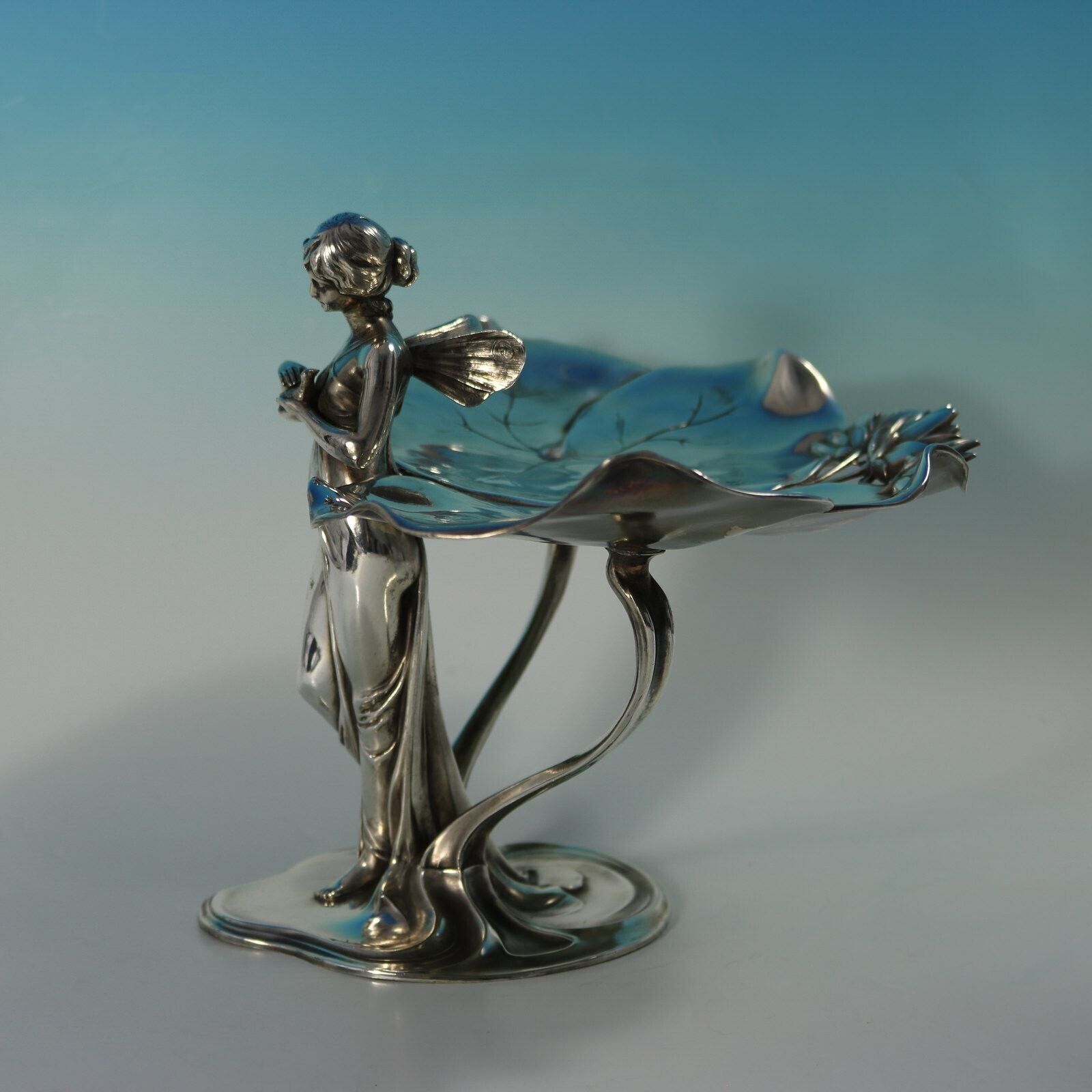 Art Nouveau Wmf Fairy With Dove, Lily Visiting Card Tray photo for sale