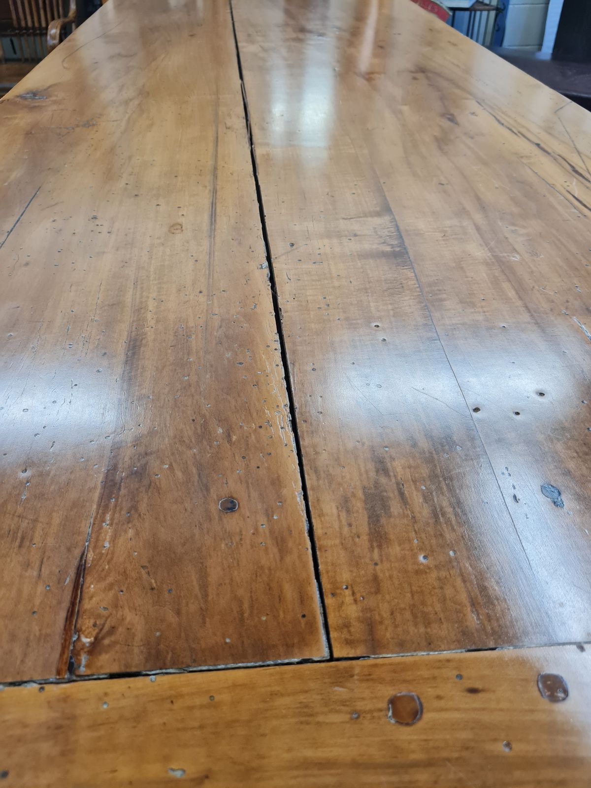 photo furniture Large Antique French Elm And Fruitwood Farmhouse Refectory Style Dining Table C.1920