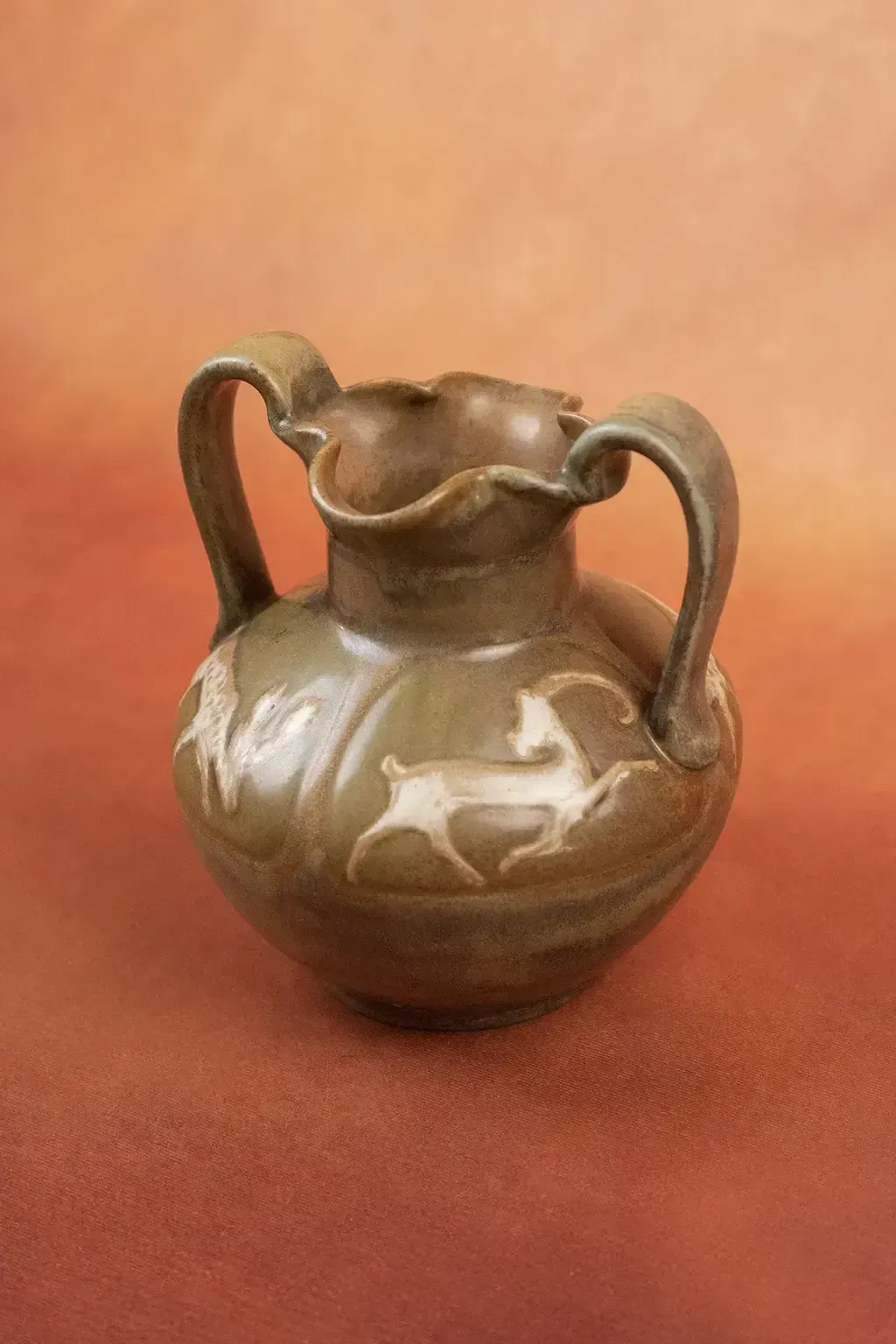 Art Nouveau Glazed Stoneware With Stylized Deer Vase By Louis Lourioux