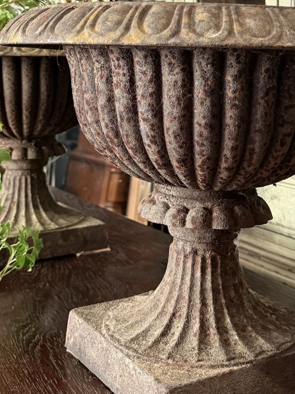 Pair Of Antique French Cast Iron Urns / Planters photo vinterior