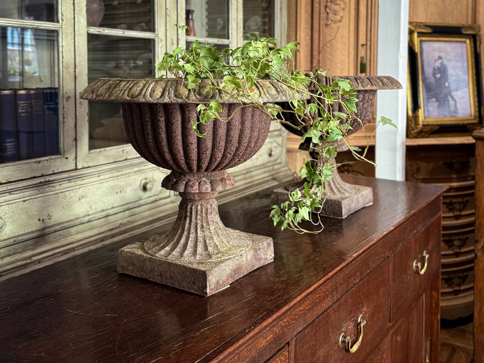 Pair Of Antique French Cast Iron Urns / Planters